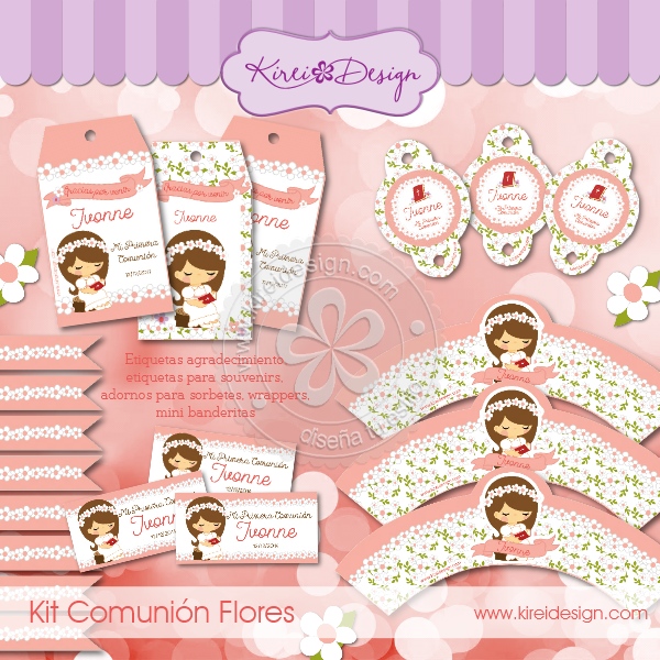 Kits imprimibles de Comunión de niña con flores blancas - Todo Bonito