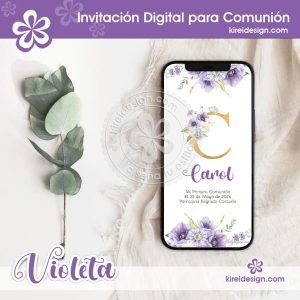 invitacion digital primera comunion con inicial y flores violetas