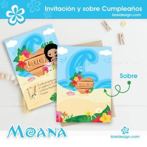 Invitacion y sobre Moana para cumpleaños