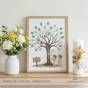 árbol de huellas comunión hermanos globos y palomas