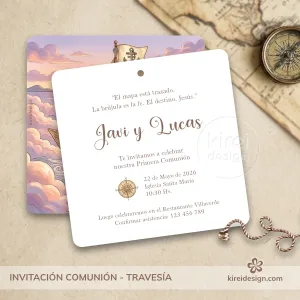 Invitacion para primera comunion de hermanitos - Colección Travesia - Kireidesign_