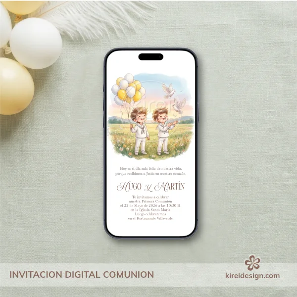 Invitacion Digital Primera Comunión Hermanitos con Globos y Palomas- Kireidesign Invitacion Digital Primera Comunión Hermanitos con Globos y Palomas- Kireidesign