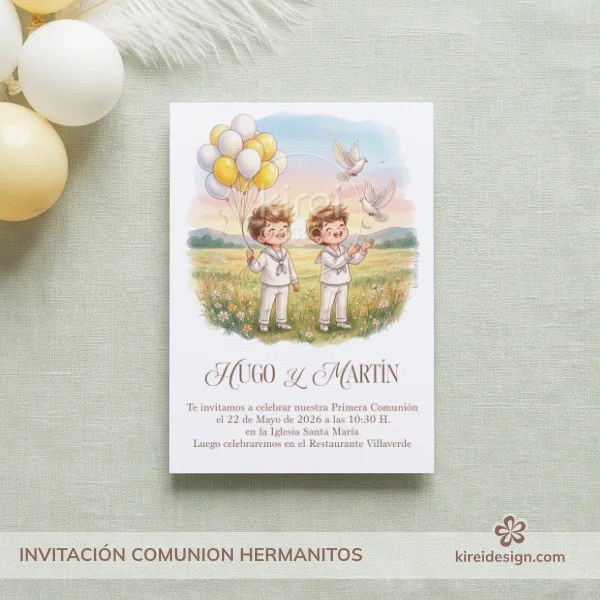 Invitacion Primera Comunión Hermanitos con Globos y Palomas- Kireidesign invitacion comunion hermanitos personalizada globos blancos palomas diseño delicado