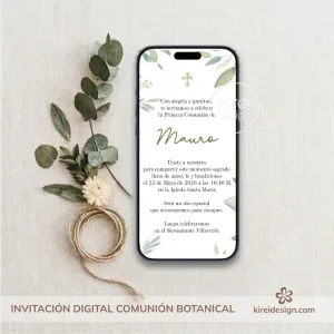 Invitacion digital primera comunion botanical