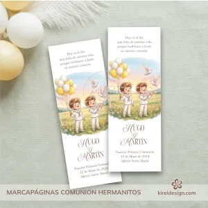 Marcapaginas Primera Comunión Hermanitos con Globos y Palomas- Kireidesign