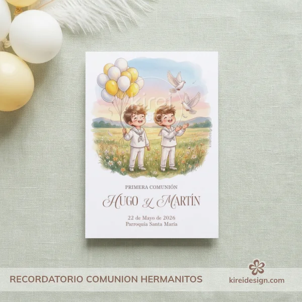 Recordatorio Primera Comunión Hermanitos con Globos y Palomas- Kireidesign Recordatorio Primera Comunión Hermanitos con Globos y Palomas- Kireidesign