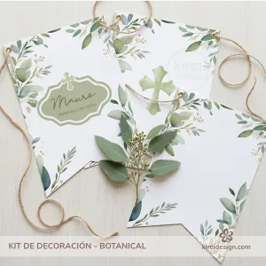 banderines primera comunión botanical decoración mesa dulce comunión hojas verdes