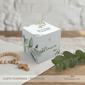 caja cubo primera comunión botanical personalizada hojas verdes