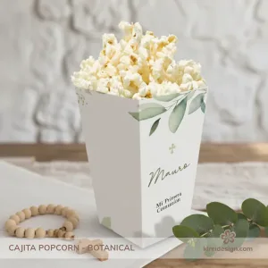 caja popcorn primera comunión botanical personalizada hojas verdes