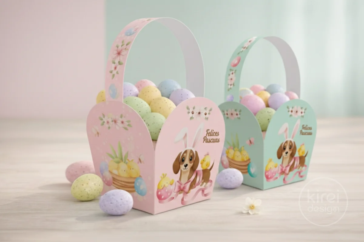 canasta imprimible de Pascua infantil en tonos pastel rosa y verde