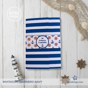 Invitación tríptico Primera Comunión niño Marinero Navy con faja náutica personalizada