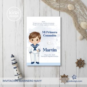 Invitación tríptico Primera Comunión niño Marinero Navy personalizada