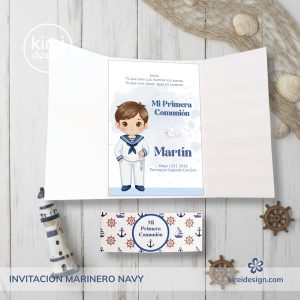 Invitación tríptico Primera Comunión niño Marinero coleccion Navy personalizada