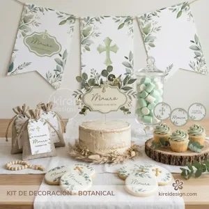 kit imprimible primera comunión botanical decoración mesa dulce comunión hojas verdes