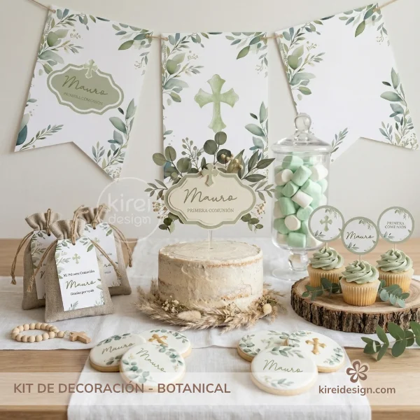 kit de decoracion primera comunion coleccion botanical kireidesign kit imprimible primera comunión botanical decoración mesa dulce comunión hojas verdes