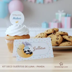 Mini kit decoración Baby Shower panda niño Sueñitos de Luna imprimible A4 con toppers, banderín y etiquetas.