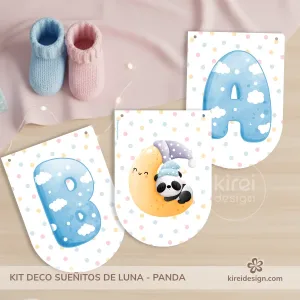 Mini kit decoración Baby Shower panda niño Sueñitos de Luna imprimible A4 con banderín