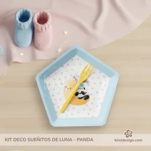 Mini kit decoración Baby Shower panda niño Sueñitos de Luna imprimible A4 con toppers, platito, banderín y etiquetas.