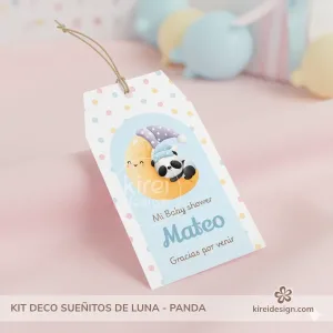 Mini kit decoración Baby Shower panda niño Sueñitos de Luna imprimible A4 - etiqueta gracias por venir