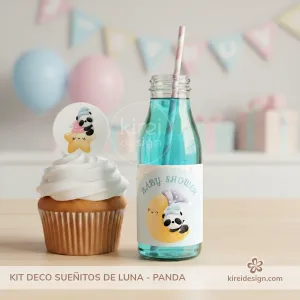 Mini kit decoración Baby Shower panda niño Sueñitos de Luna imprimible A4 con toppers y etiquetas.