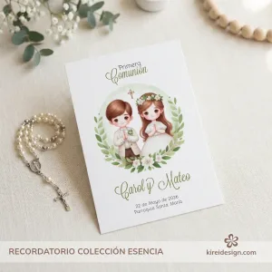Recordatorio Primera Comunión hermanos colección Esencia imprimible con flores blancas y acuarela verde