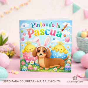 libro de colorear pascua imprimible mr salchichita portada con perrito y pollitos