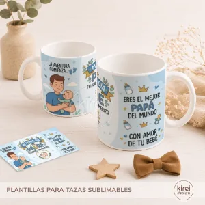 Plantillas para sublimar tazas Día del Padre con 10 diseños exclusivos para papá en formato JPG tamaño 20x9 cm listas para imprimir y sublimar.