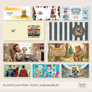Plantillas para sublimar tazas Día del Padre con 10 diseños exclusivos para papá en formato JPG tamaño 20x9 cm listas para imprimir y sublimar.